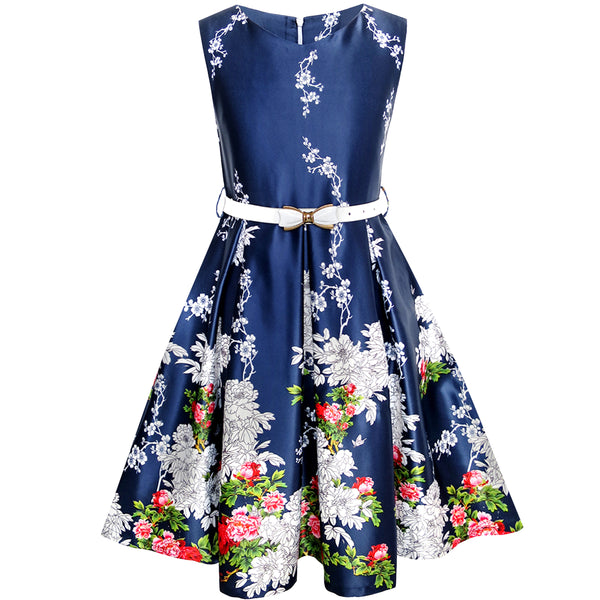 Girls Dress Navy Blue Flower Belt Vintage Party – Sunny Fashion