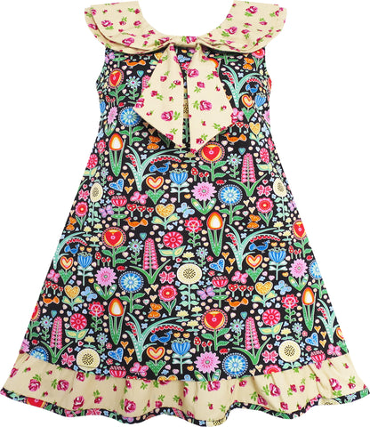 Girls Dress Turn-Down Collar Striped Blooming Rose Flower Size 2-12 Years