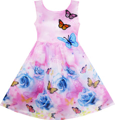 Girls Dress Rose Flower Print Butterfly Embroidery Size 4-12 Years