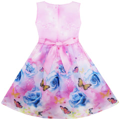 Girls Dress Rose Flower Print Butterfly Embroidery Size 4-12 Years