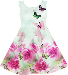 Girls Dress Rose Flower Print Butterfly Embroidery Size 4-12 Years