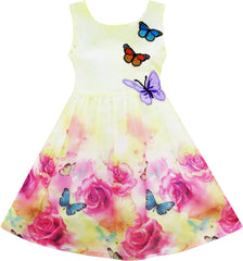 Girls Dress Rose Flower Print Butterfly Embroidery Size 4-12 Years