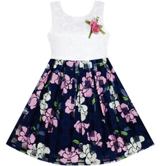 Girls Dress Embroidered Leaves Flower O-Neck Cotton Size 4-14 Years