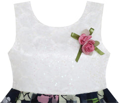 Girls Dress Embroidered Leaves Flower O-Neck Cotton Size 4-14 Years