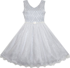 Flower Girls Dress Lace Pearl Dimensional Flowers Pageant Wedding Tulle Size 3-14 Years