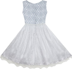 Flower Girls Dress Lace Pearl Dimensional Flowers Pageant Wedding Tulle Size 3-14 Years