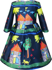 Girls Dress Satin Silk Butterfly City Building View Size 4-14 Years