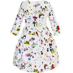 Girls Dress Satin Silk Butterfly City Building View Size 4-14 Years