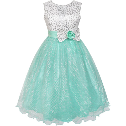 Girls Dress Flower Sparkling Sequins Belted Tulle Party Size 4-14 Years