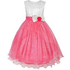 Girls Dress Flower Sparkling Sequins Belted Tulle Party Size 4-14 Years