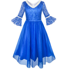 Girls Dress Peacock Illusion Shoulder Bell Sleeve Size 4-14 Years