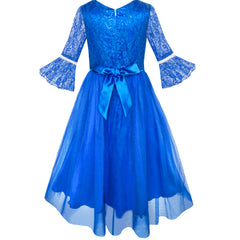 Girls Dress Peacock Illusion Shoulder Bell Sleeve Size 4-14 Years