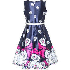 Girls Dress Navy Flower Belt Vintage Party Size 4-14 Years