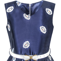 Girls Dress Navy Flower Belt Vintage Party Size 4-14 Years