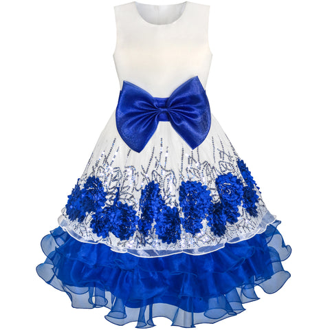 Flower Girls Dress Sequin Dimensional Flowers Bow Tie Pageant Size 7-14 Years