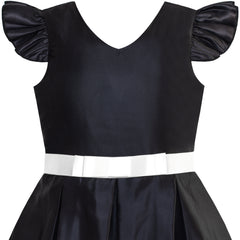 Girls Dress Navy V-neckline Ribbon Color Contrast Size 6-12 Years