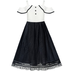 Girls Dress White And Black Pleated Skirt Lace Sequin Size 6-14 Years