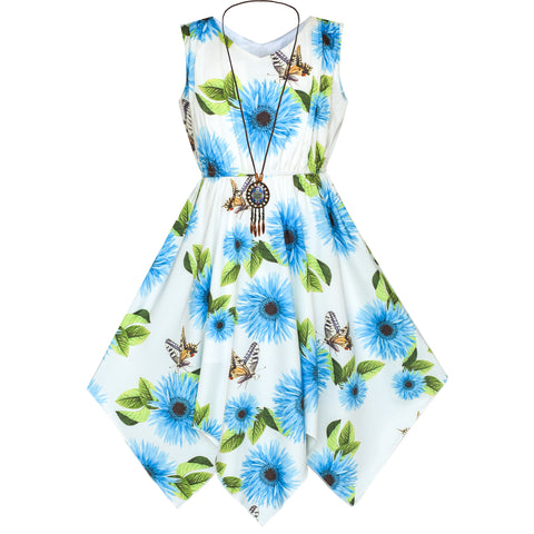 Girls Dress Flower Print Hanky Hem With Necklace Size 6-14 Years