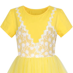 Girls Dress Collar Lace Short Sleeve Birthday Size 5-12 Years