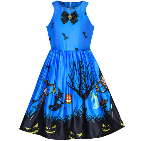 Girls Dress Halloween Witch Bat Pumpkin Costume Halter Dress Size 7-14 Years