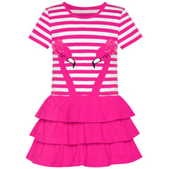 Girls Dress Flower Embroidered Stripe Short Sleeve Size 2-12 Years