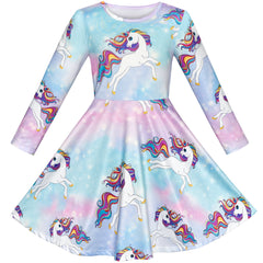 Girls Dress Unicorn Rainbow Long Sleeve Casual Dress Size 3-10 Years