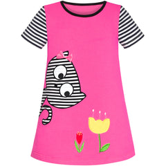 Girls Dress Flower Embroidered Stripe Short Sleeve Size 2-12 Years