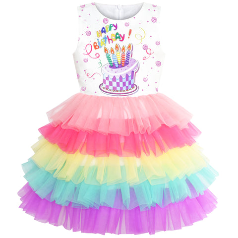 Girls Dress Birthday Princess Ruffle Dress Cake Balloon Print Size 1-10 Years