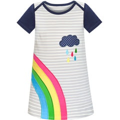 Girls Casual Dress Navy Cotton Short Sleeve Rainbow Cloud Size 2-10 Years