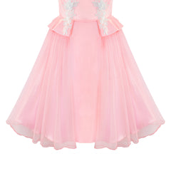 Flower Girls Dress Peach Ruffle Butterfly Wedding Bridesmaid Size 6-14 Years