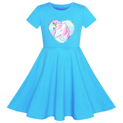 Girls Dress Cotton Unicorn Sequin Short Sleeve Casual Size 3-12 Years