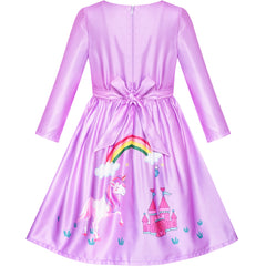 Girls Dress Satin Silk Butterfly City Building View Size 4-14 Years