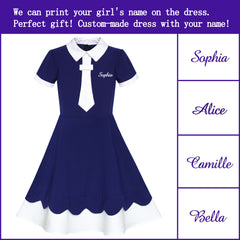 Girls Dress Back School Uniform Navy Collar Tie Short Sleeve Size 5-12 Years