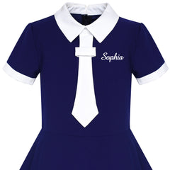 Girls Dress Back School Uniform Navy Collar Tie Short Sleeve Size 5-12 Years