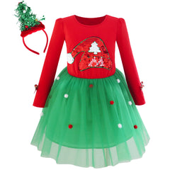 Girls Dress Christmas Tree Headband Santa Long Sleeve Party Dress Size 3-12 Years