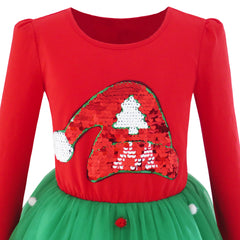 Girls Dress Christmas Tree Headband Santa Long Sleeve Party Dress Size 3-12 Years