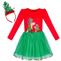 Girls Dress Christmas Tree Headband Santa Long Sleeve Party Dress Size 3-12 Years