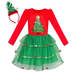 Girls Dress Christmas Tree Headband Santa Long Sleeve Party Dress Size 3-12 Years