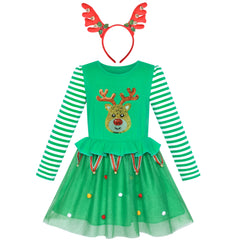 Girls Dress Christmas Tree Headband Santa Long Sleeve Party Dress Size 3-12 Years