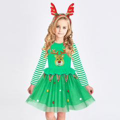 Girls Dress Christmas Tree Headband Santa Long Sleeve Party Dress Size 3-12 Years