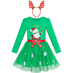 Girls Dress Christmas Tree Headband Santa Long Sleeve Party Dress Size 3-12 Years