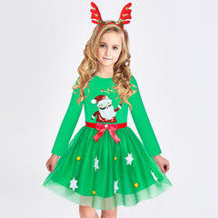 Girls Dress Christmas Tree Headband Santa Long Sleeve Party Dress Size 3-12 Years