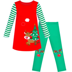 Girls Outfit Set Cotton Dress Leggings Santa Christmas Gift Size 2-8 Years