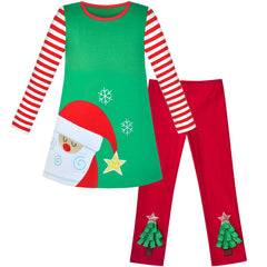 Girls Outfit Set Cotton Dress Leggings Santa Christmas Gift Size 2-8 Years