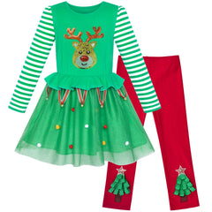 Girls Outfit Set Cotton Dress Leggings Santa Christmas Gift Size 2-8 Years