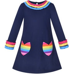 Girls Dress Long Sleeve Butterfly Color Contrast Casual Everyday Wearing Size 3-8 Years