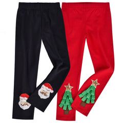 Girls Pants 2-Pack Cotton Leggings Pants Embroidery Satan Christmas Size 2-6 Years