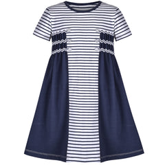 Girls Casual Dress Navy Cotton Short Sleeve Rainbow Cloud Size 2-10 Years