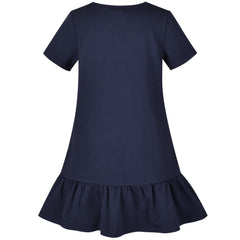 Girls Casual Dress Navy Cotton Short Sleeve Rainbow Cloud Size 2-10 Years