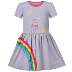 Girls Dress Colorful Striped Knitted Cotton Stretch School Size 3-12 Years